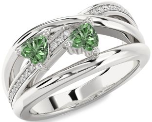 Green Diamond Silver Two Heart Ring