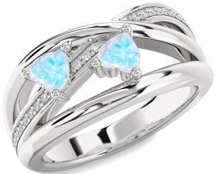 Diamond Emerald Silver Two Heart Birthstone Ring