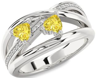 Yellow Diamond Silver Two Heart Ring