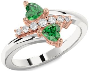Diamond Emerald White Rose Gold Two Heart Birthstone Ring