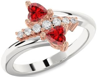 Diamond Emerald Platinum & Rose Gold Two Heart Birthstone Ring