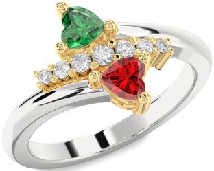 Diamond Emerald Gold Silver Two Heart Birthstone Ring