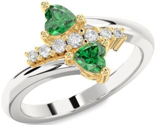 Diamond Emerald White Yellow Gold Two Heart Birthstone Ring