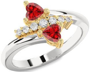 Diamond Emerald Gold Silver Two Heart Birthstone Ring