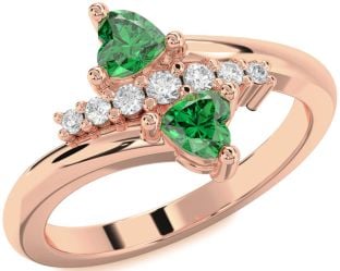 Diamond Emerald Rose Gold Two Heart Birthstone Ring