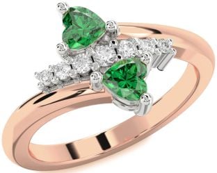 Diamond Emerald Rose Gold Silver Two Heart Birthstone Ring