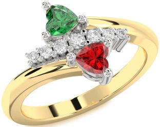 Diamond Emerald Gold Silver Two Heart Birthstone Ring