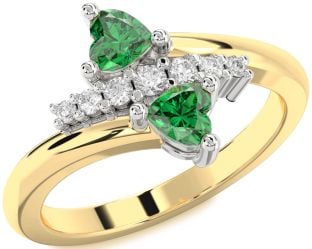 Diamond Emerald Gold Silver Two Heart Birthstone Ring