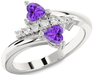 Diamond Emerald Silver Two Heart Birthstone Ring