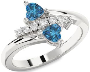 Blue Diamond Silver Two Heart Ring