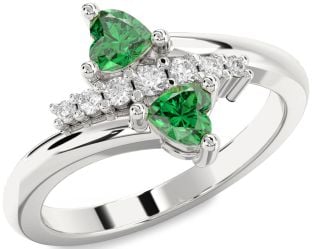 Diamond Emerald Silver Two Heart Birthstone Ring