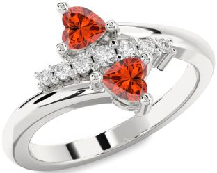 Diamond Emerald Silver Two Heart Birthstone Ring