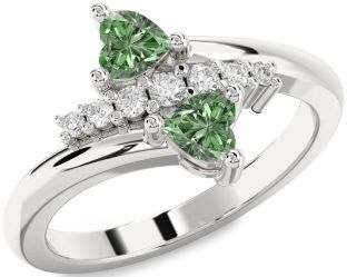 Green Diamond Silver Two Heart Ring