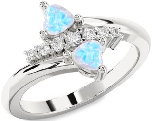 Diamond Emerald Silver Two Heart Birthstone Ring