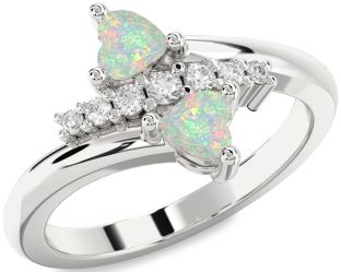 Diamond Emerald Silver Two Heart Birthstone Ring
