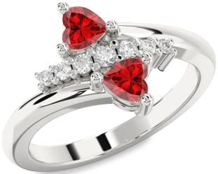 Diamond Emerald Silver Two Heart Birthstone Ring