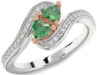 Diamond Emerald Platinum & Rose Gold Two Heart Birthstone Ring