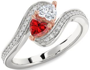 Diamond Emerald Platinum & Rose Gold Two Heart Birthstone Ring