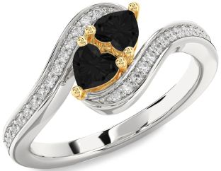 Black Diamond Gold Silver Two Heart Ring