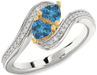 Blue Diamond Gold Silver Two Heart Ring