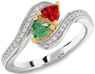 Diamond Emerald Platinum & Yellow Gold Two Heart Birthstone Ring