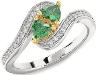 Diamond Emerald Platinum & Yellow Gold Two Heart Birthstone Ring