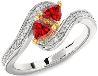 Diamond Emerald Platinum & Yellow Gold Two Heart Birthstone Ring