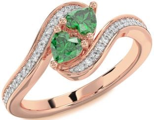 Diamond Emerald Rose Gold Two Heart Birthstone Ring