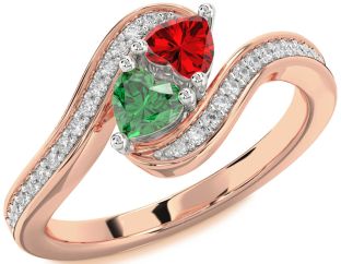 Diamond Emerald Platinum & Rose Gold Two Heart Birthstone Ring