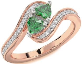 Diamond Emerald Platinum & Rose Gold Two Heart Birthstone Ring