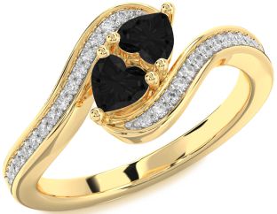 Black Diamond Gold Silver Two Heart Ring