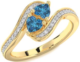 Blue Diamond Gold Silver Two Heart Ring