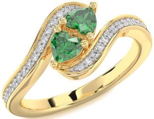 Diamond Emerald Gold Two Heart Birthstone Ring