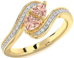 Diamond Morganite Gold Silver Two Heart Ring