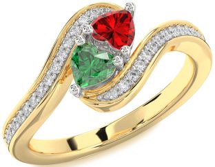 Diamond Emerald Platinum & Yellow Gold Two Heart Birthstone Ring