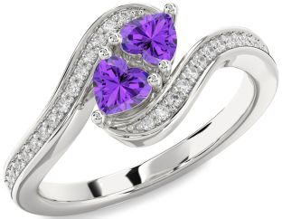 Diamond Emerald Silver Two Heart Birthstone Ring