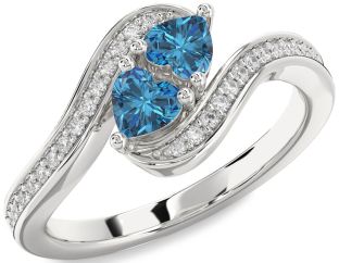 Blue Diamond Silver Two Heart Ring