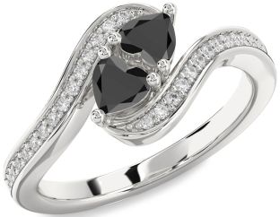 Diamond Black Onyx Silver Two Heart Ring