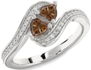 Chocolate Brown Diamond Silver Two Heart Ring