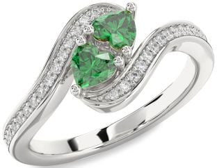 Diamond Emerald Silver Two Heart Birthstone Ring
