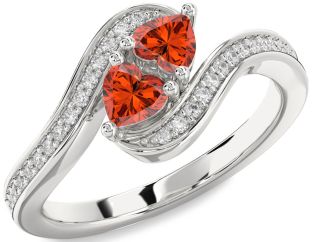 Diamond Emerald Silver Two Heart Birthstone Ring