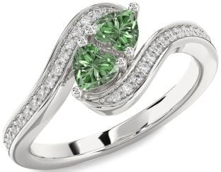 Green Diamond Silver Two Heart Ring