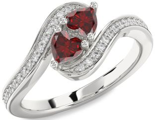 Diamond Emerald Silver Two Heart Birthstone Ring