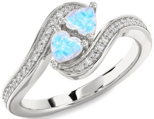 Diamond Emerald Silver Two Heart Birthstone Ring