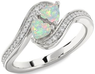 Diamond Emerald Silver Two Heart Birthstone Ring