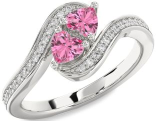 Diamond Pink Sapphire Silver Two Heart Ring