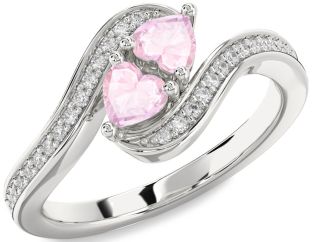 Diamond Rose Quartz Silver Two Heart Ring