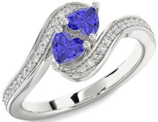 Diamond Tanzanite Silver Two Heart Ring