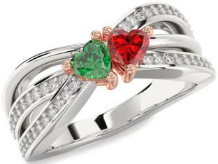 Diamond Emerald Platinum & Rose Gold Two Heart Birthstone Ring