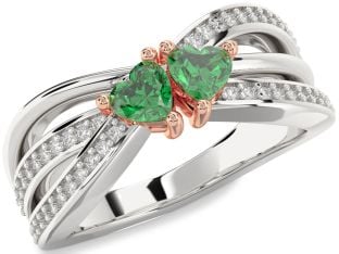 Diamond Emerald Platinum & Rose Gold Two Heart Birthstone Ring